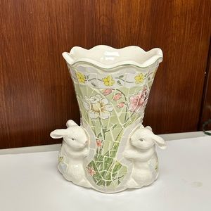 Vintage broken china mosaics Rabbits Floral vase